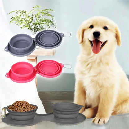Rubber Foldable Double Bowl Pet Feeding Bowl Pets Supplies Dog Bowls